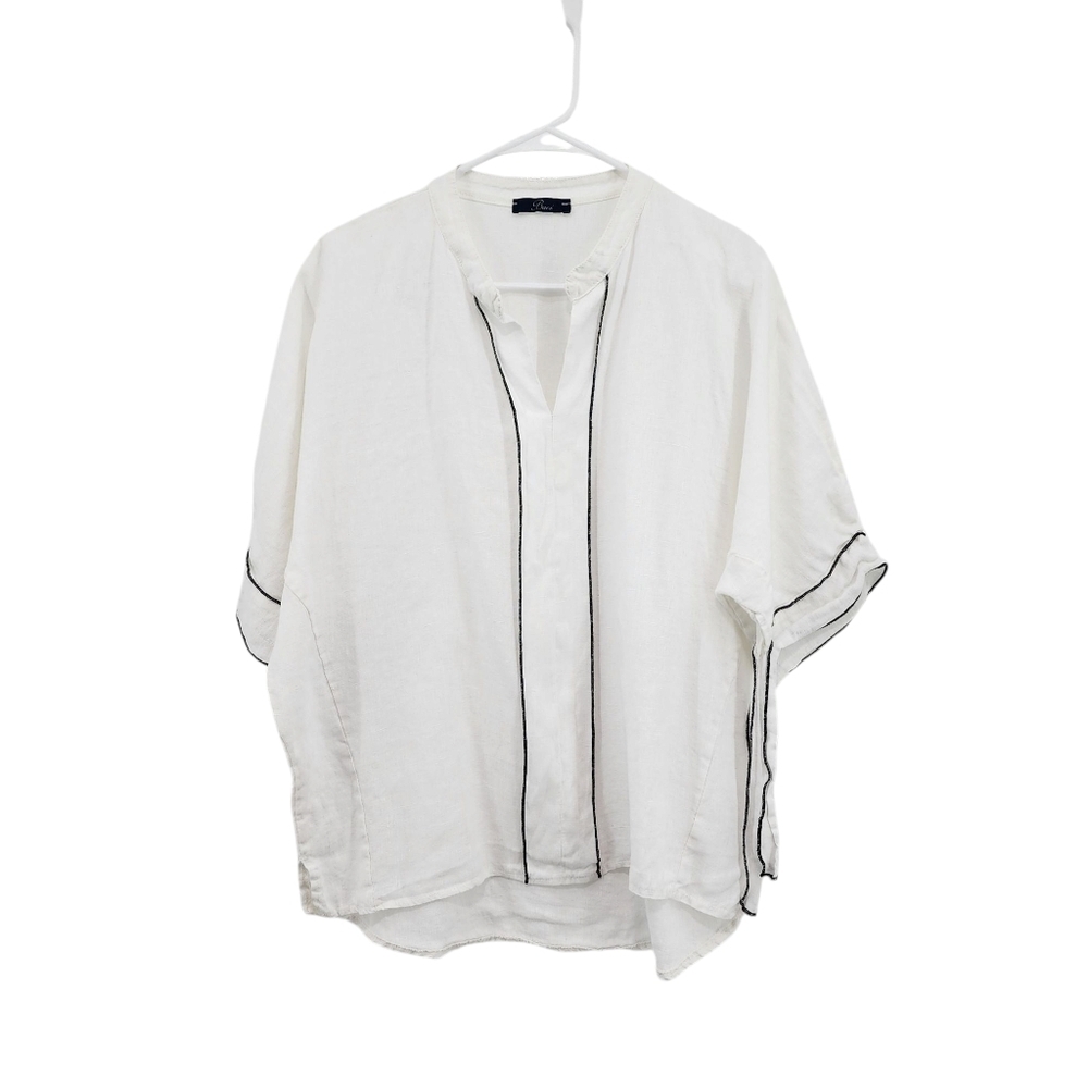 Baci Women's 100% Flax Split Neck Pullover Shirt White Lagenlook- L
